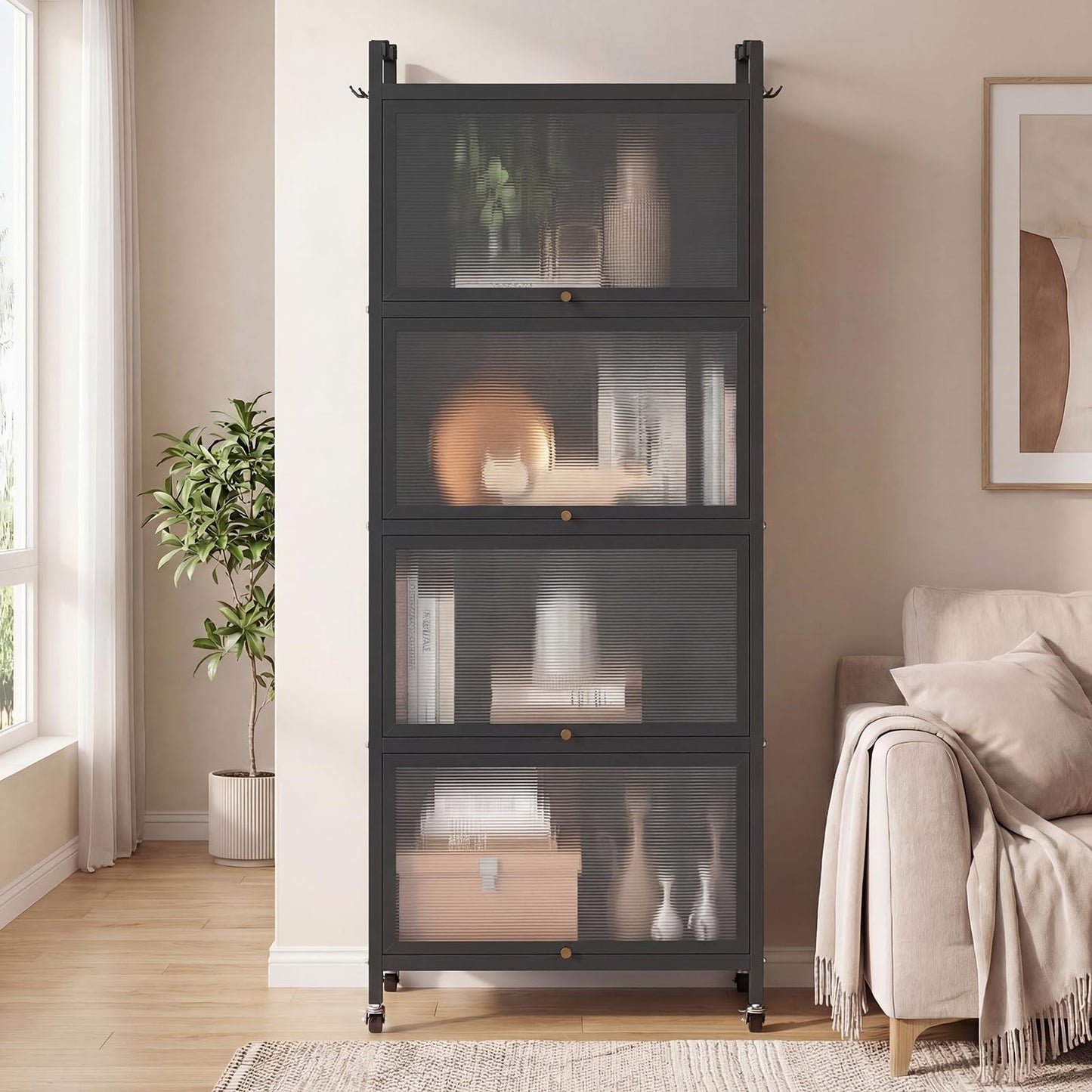 Giantex 5-Tier Kitchen Storage Cabinet, Mobile Microwave Stand with Flip-up PC Doors, Freestanding Kitchen Bakers Rack with 4 Rolling Casters, for Dining Room, Living Room and Study, Black