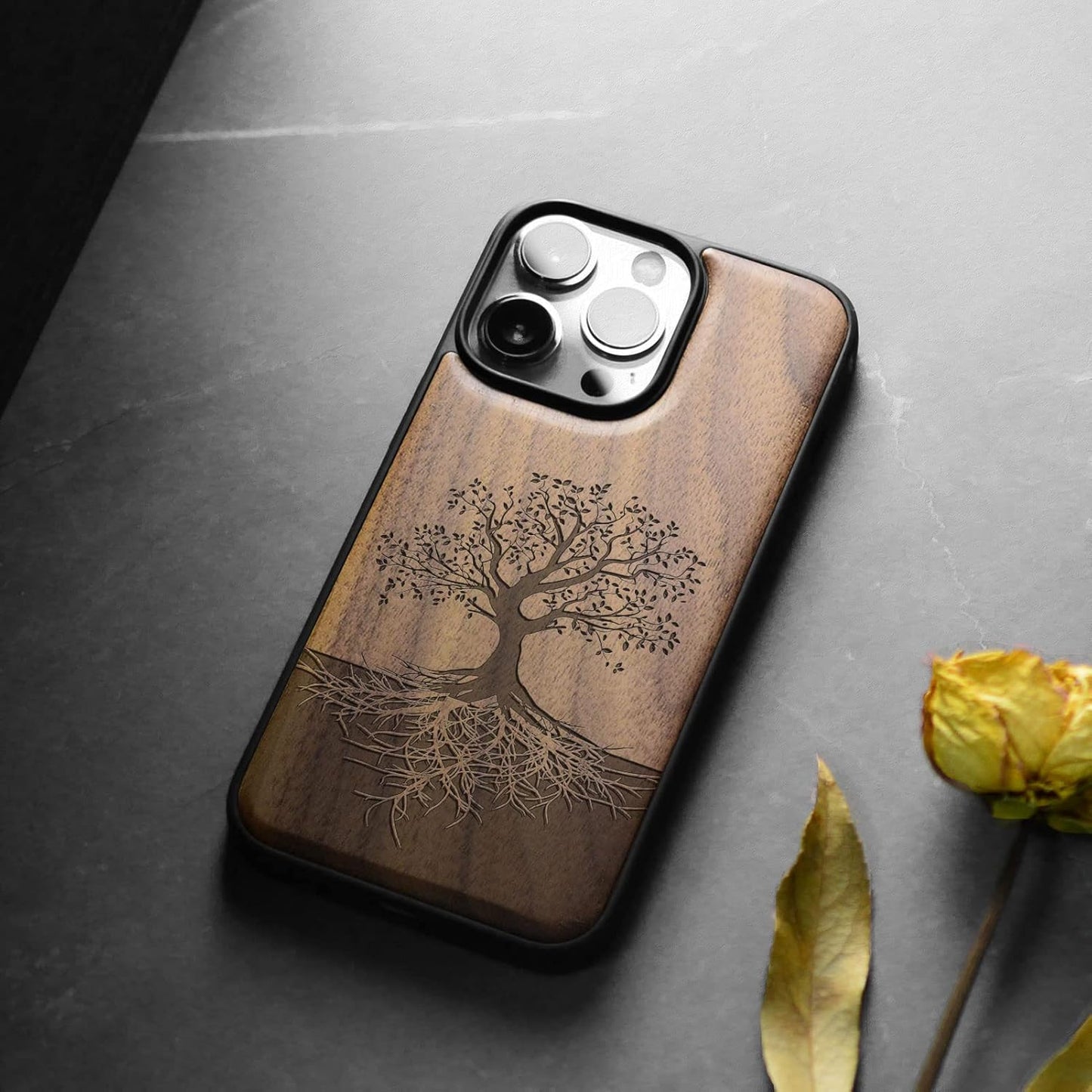 Carveit 14 Magnetic Wood Case for iPhone Pro Max [Natural Wood & Black Soft TPU] Unique & Classy Wooden Shockproof