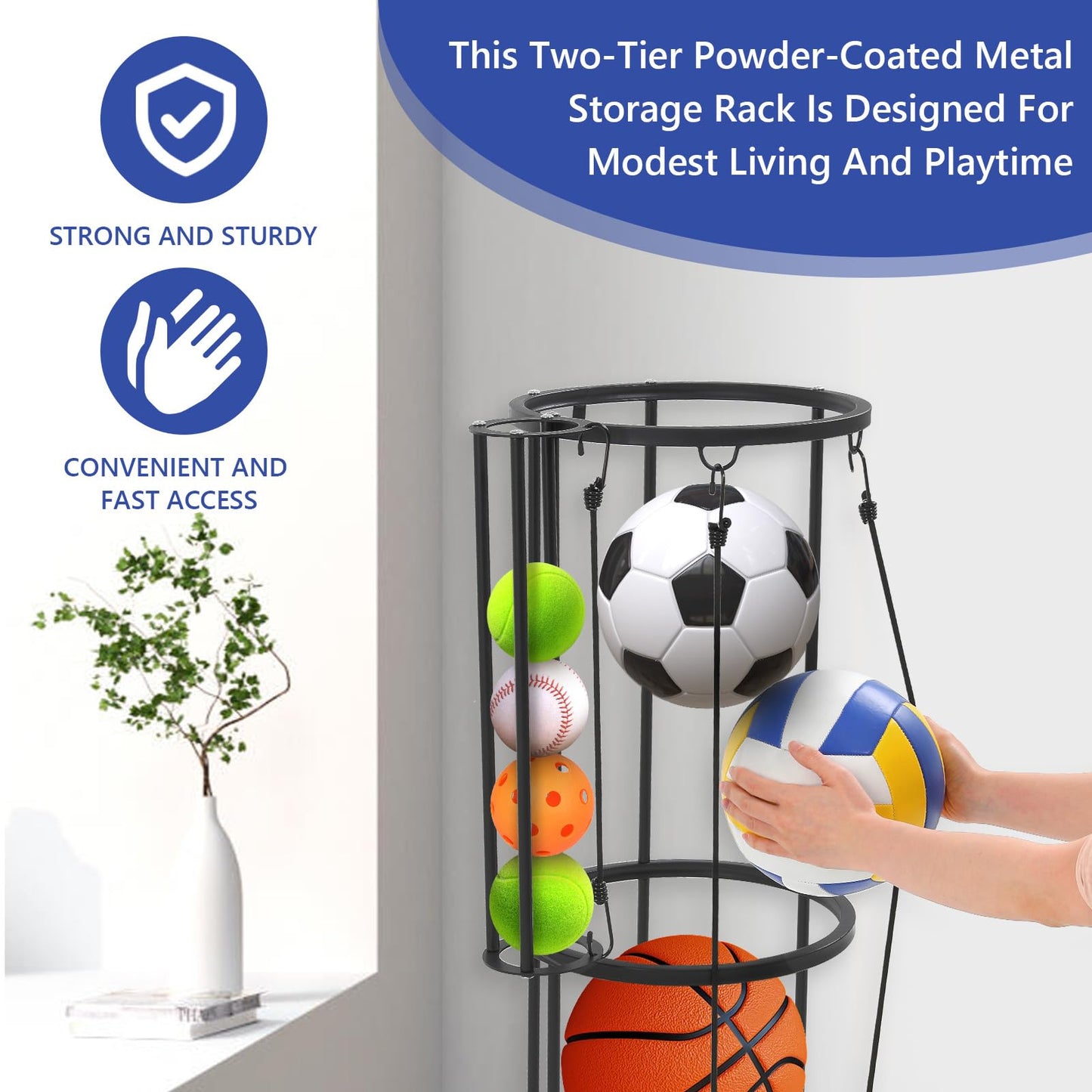 AWZITUO Garage Ball Storage Rack - Wall Mount Vertical Basketball Rack with Small Ball Holder for Soccer, Volleyball, Football - Space Saving Sports Organizer for Storage, Home, Basement, Outdoor