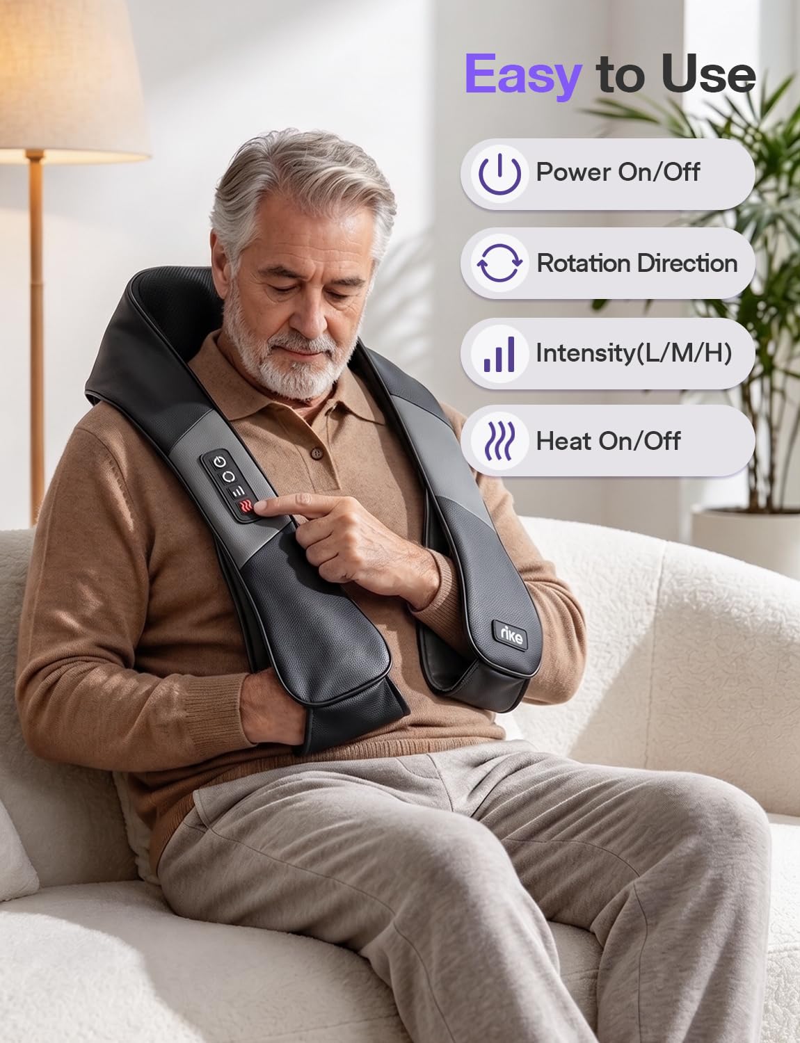 RIKE Neck Massager for Pain Relief Deep Tissue, Shiatsu Shoulder Massager with Heat, Corded Electric Back Massager with 3 Speeds, Fathers Day Gift Idea for Men Women Office, Car and Home Gym Use
