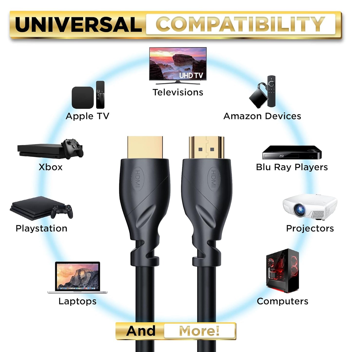 4K 20 1 Pack 4K 60Hz, 2K, 1080P, CL3 PS5, PS4, PowerBear HDMI Cable ft Long Hdmi Cable, Braided Nylon & Gold