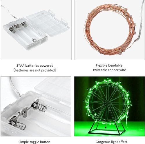Ariceleo Mini Fairy Lights - Battery Operated Copper Wire String Lights | 16ft Green for St. Patrick's Day Decor