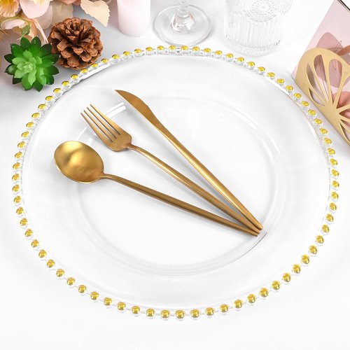 fani 24 Pack Clear Charger Plates Bulk 13 Inch Plastic Round Dinner Chargers with Beaded Rim, Acrylic Decorative Service Plates for Wedding Party Event, Home and Tabletop Decor (Gold)