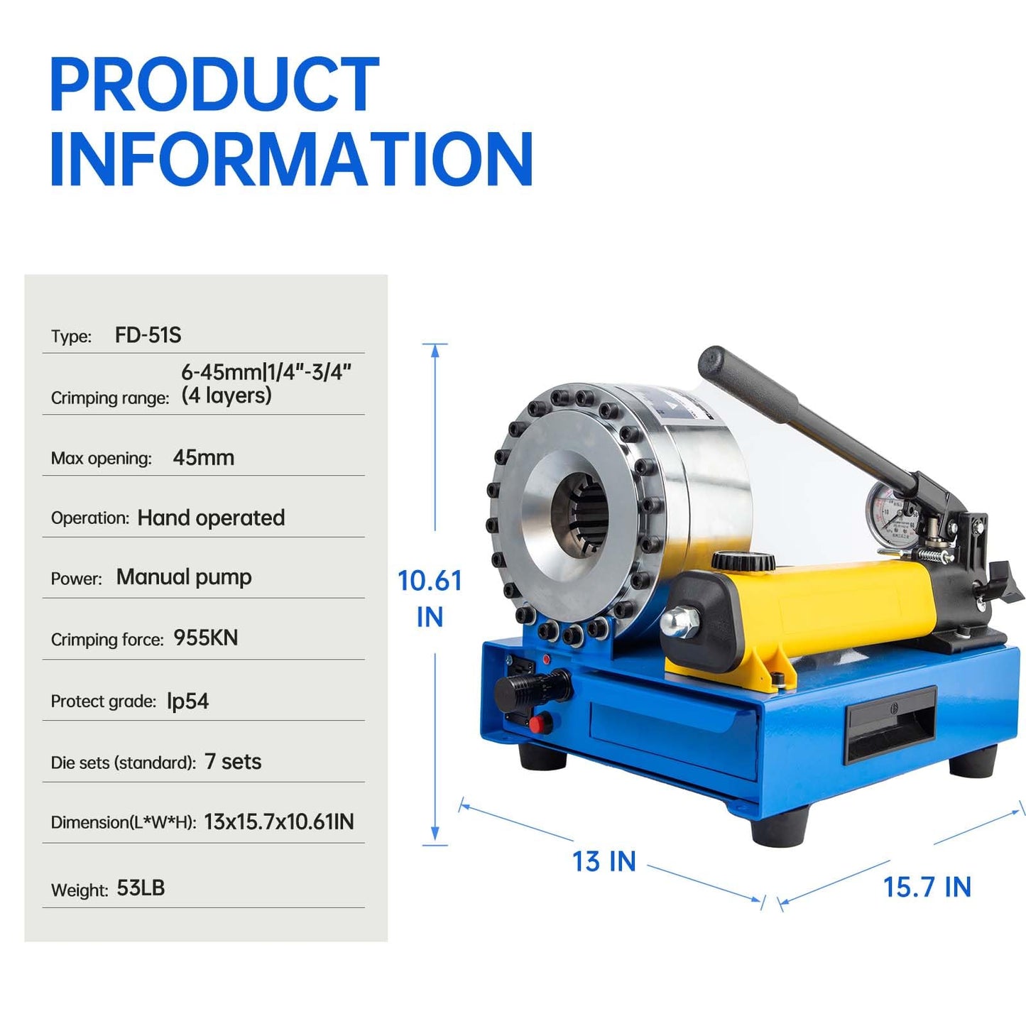 Hydraulic Hose Crimper for Crimping 1/4 in -1 in R1 and R2 Hydraulic Hose with 8 Sets Dies