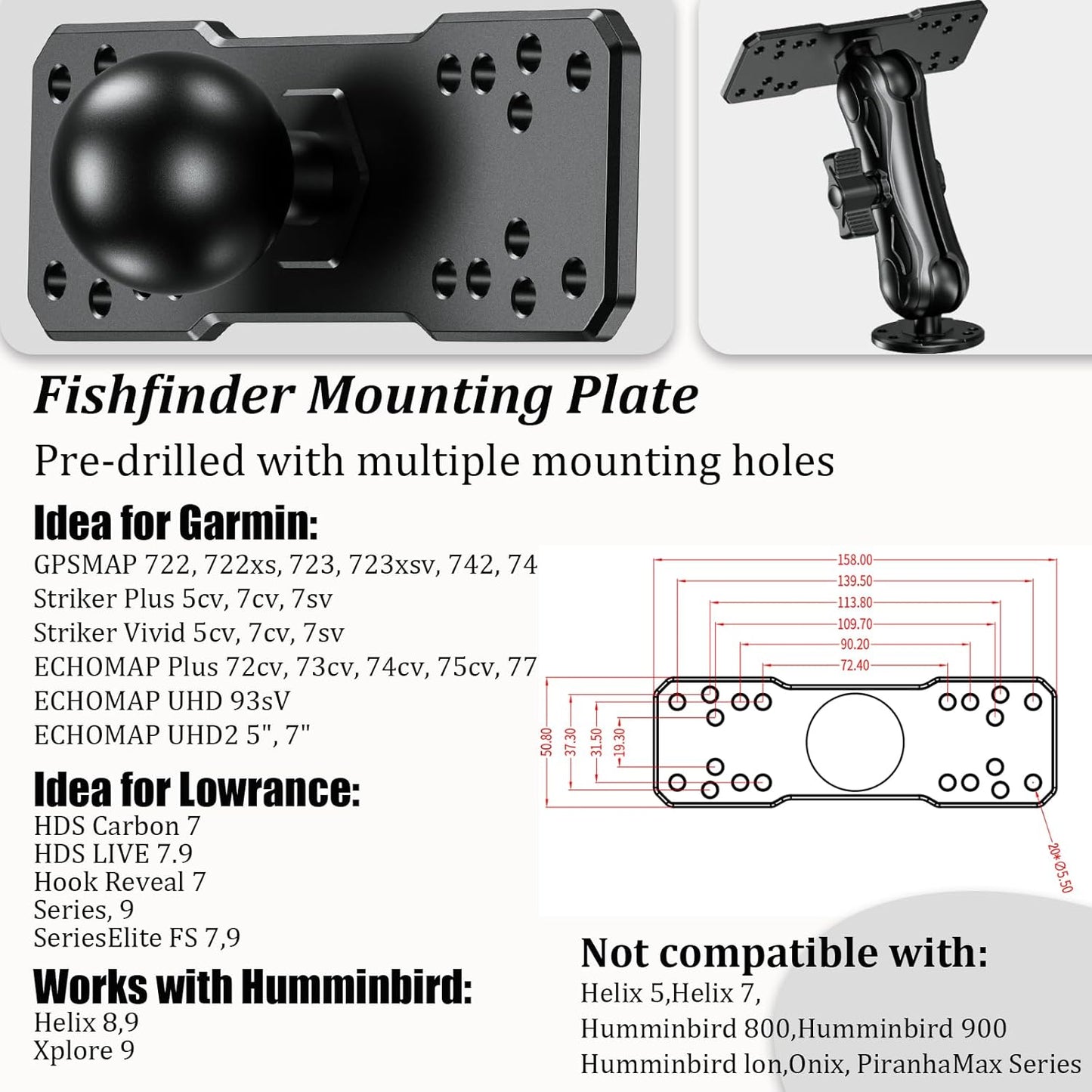 LOKTENWO 1.5" 5.7" Humminbird, Aluminum Alloy Fish Finder Mount Base with C Size Ball Rectangle Plate & Medium Arm