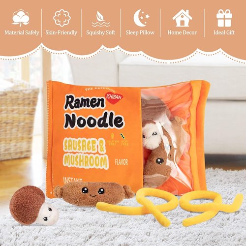 Nenalayo Plush Pillow - Cute Sausage Mushroom Ramen Noodle Toy | Removable Fluffy Stuffed Doll for Kids