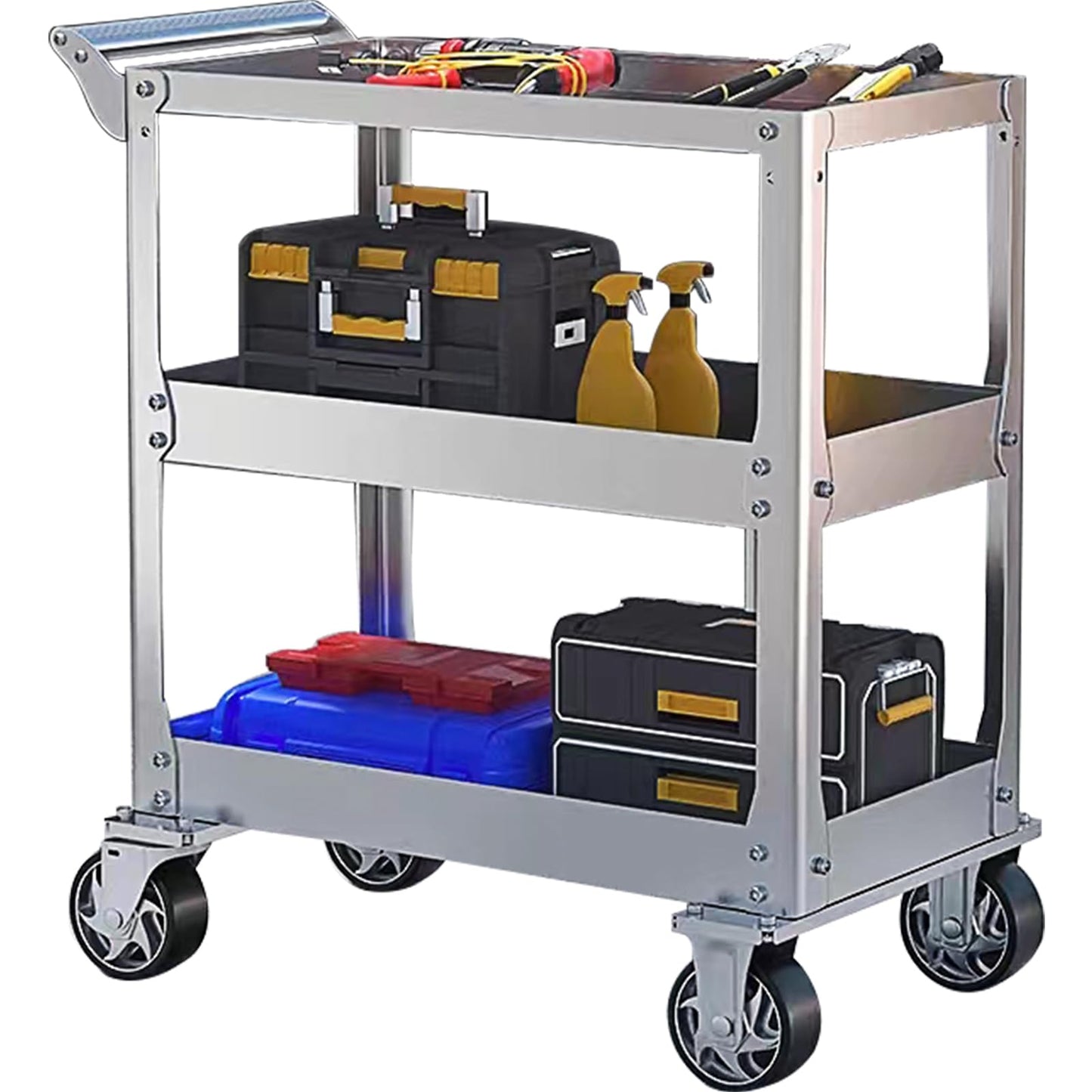 3-Tier 14 Gauge Stainless Steel Utility Cart, 1100 lbs Heavy Duty Service Cart with Wheels, Rolling Tool Cart on Wheels for Mechanic, Garage, Workshop, Warehouse, 15.75" D x 30.7" W x 36.2" H
