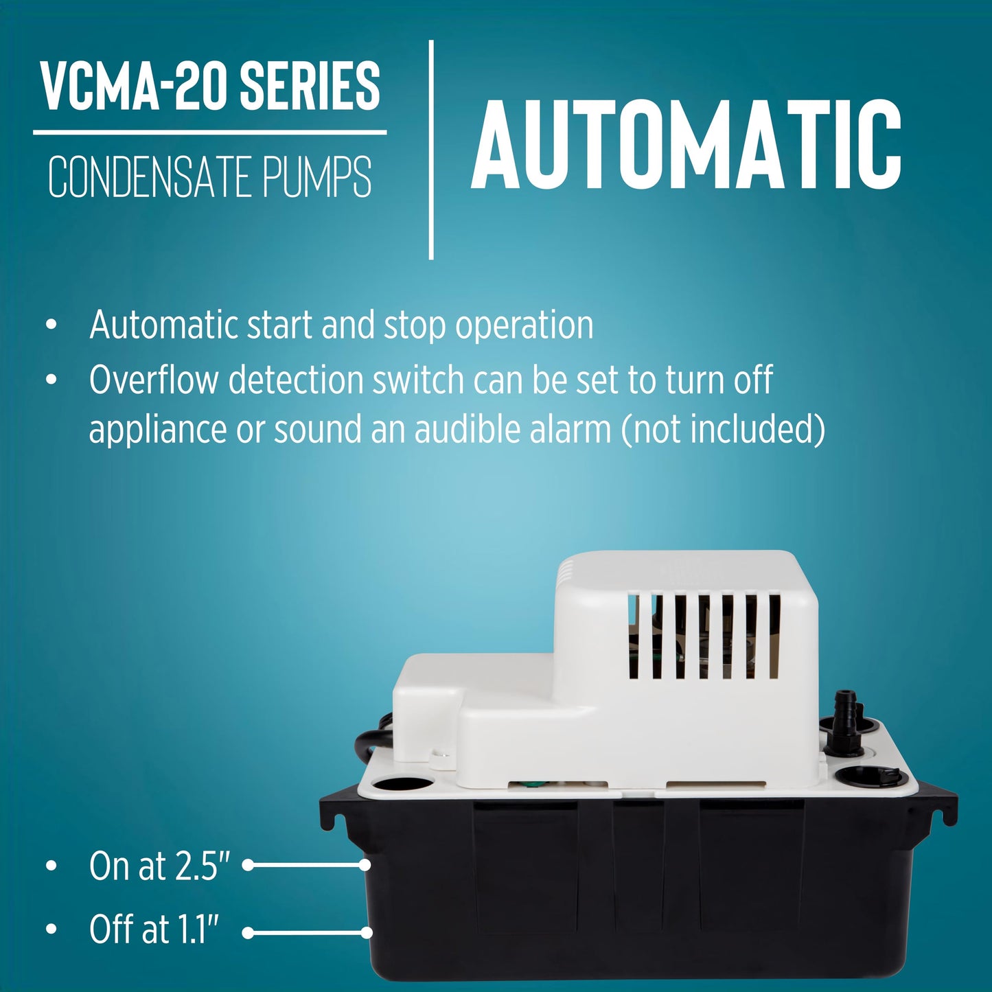 Little Giant VCMA-20ULST 230 Volt, 80 GPH, 1/30 HP Automatic Condensate Removal Pump for HVAC/Refrigeration Systems/Dehumidifiers with Overflow Detection Switch and 20-Foot Tubing, White/Black, 554461