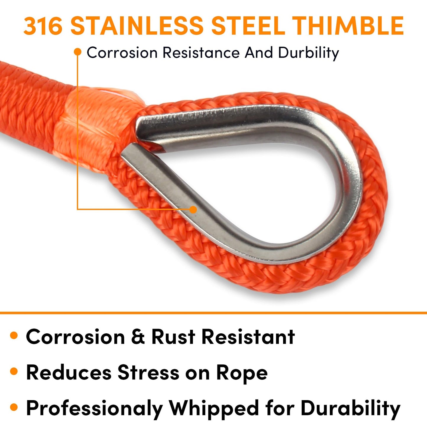 Anchor Rope 50 ft X 1/2 inch, Double Braided Anchor Line, Boat Rope with Stainless Steel Thimble and Shackle for Boating, Anchoring, Mooring, Pulling (Orange)