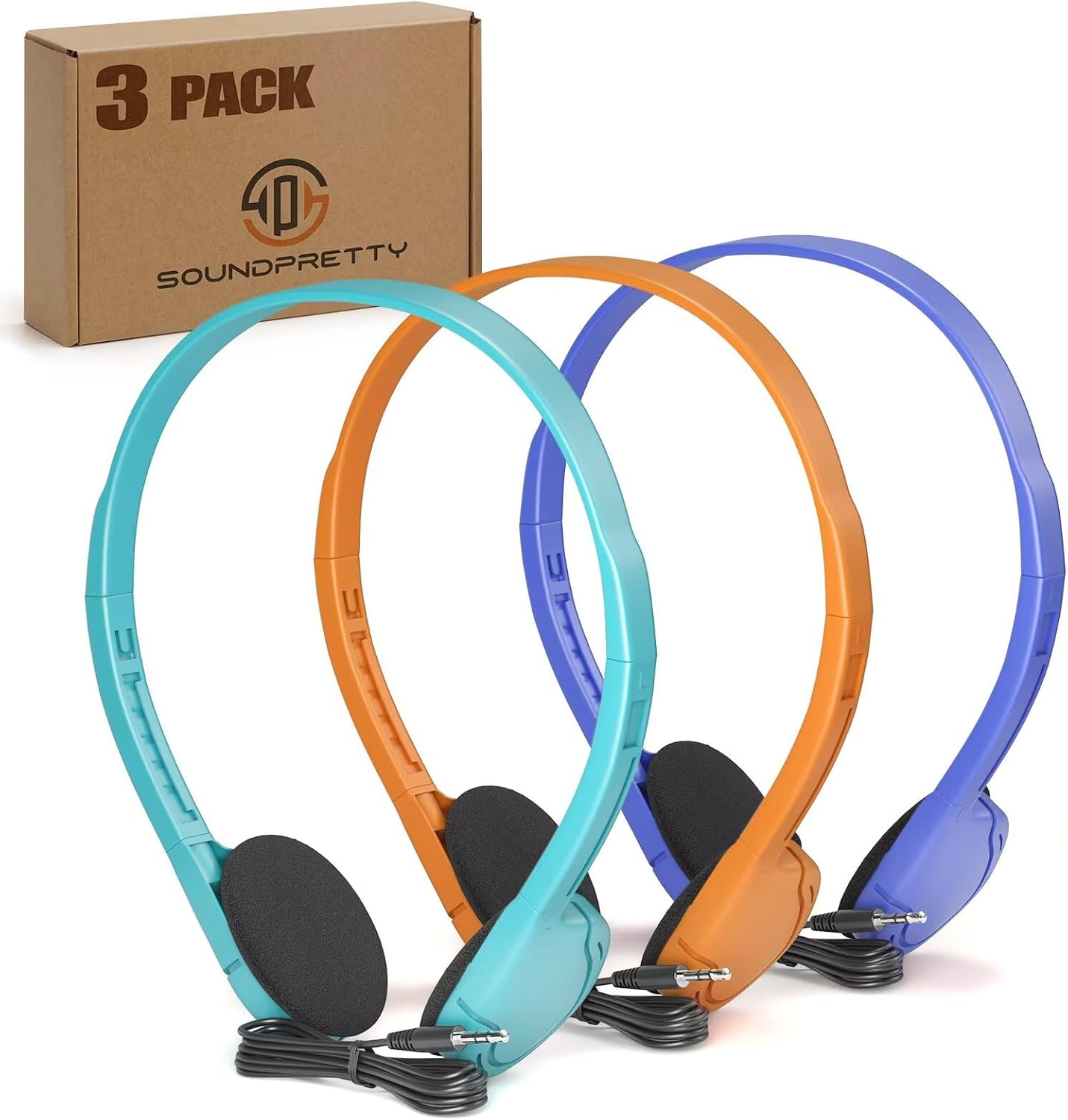 3 Pack 3.5mm 4ft 3 Bulk Headphones for School, Classroom, Students - On Ear with Jack, Tangle Free Cable, Colors