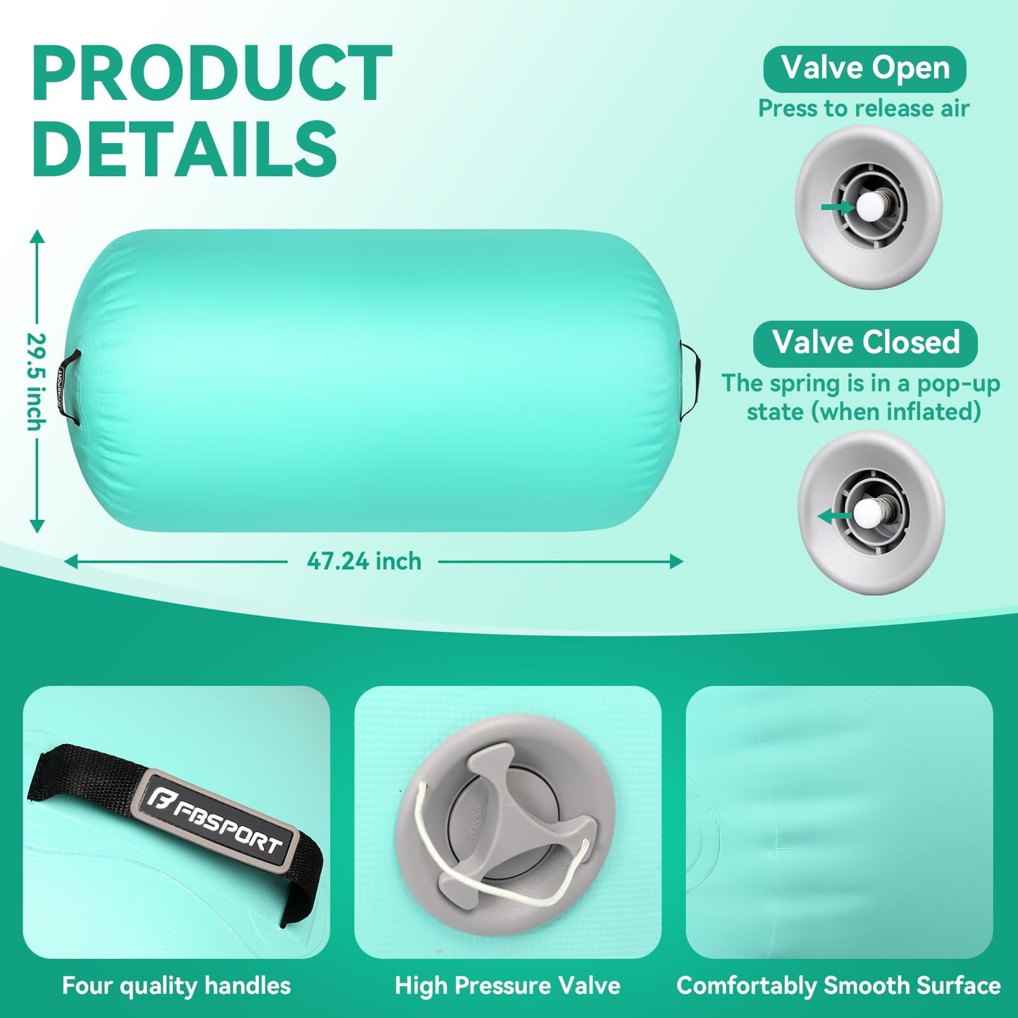 FBSPORT Air Roller Gymnastics Barrel, Inflatable Gymnastics Air Roller Inflatable Air Gymnastics Mat with Electric Pump for Yoga Cheerleading Training Home Outdoor Use (47x30inch Green)