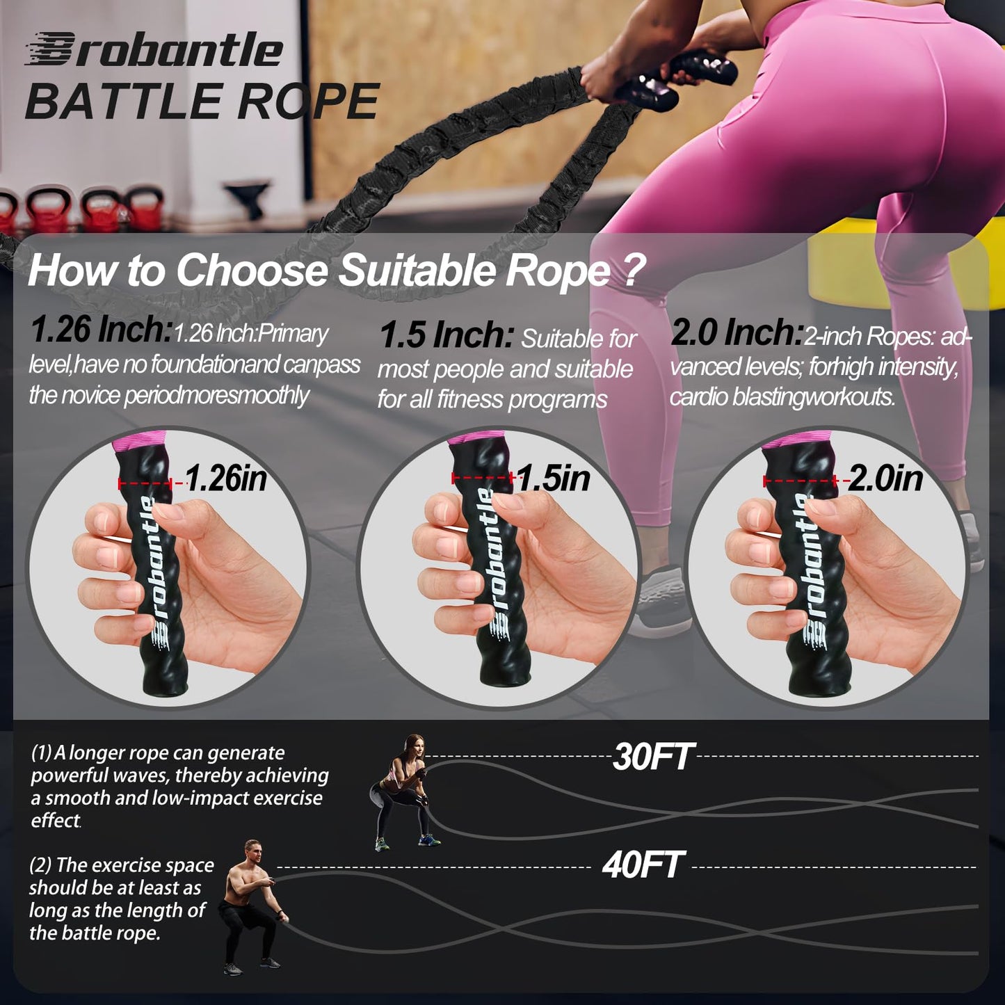Brobantle Battle Rope 1.5 Inch Diameter,Black 30FT Exercise Workout Ropes for Home Gym Heavy Weighted Training Rope for Working Out