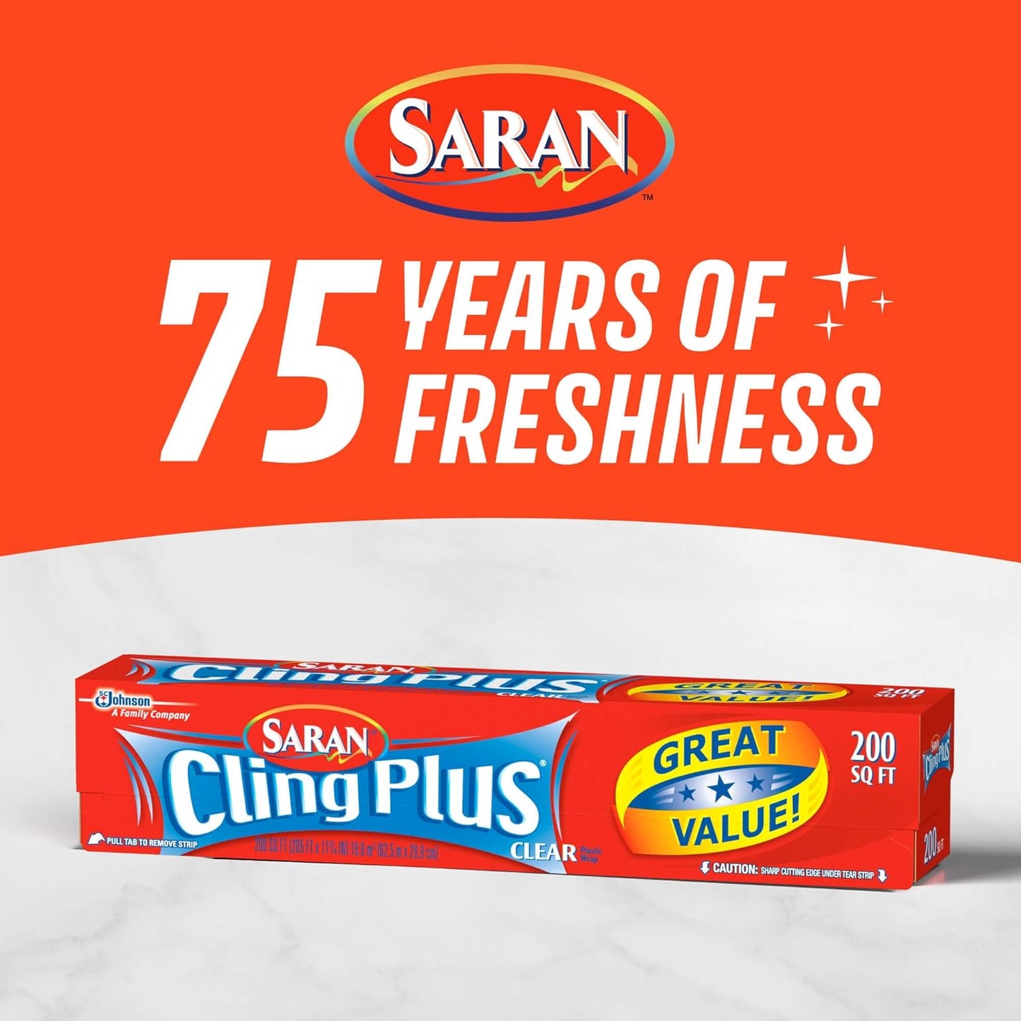 Saran Cling Plus Clear Plastic Wrap - Easy Dispense Food Storage, 200 Sq Ft Roll