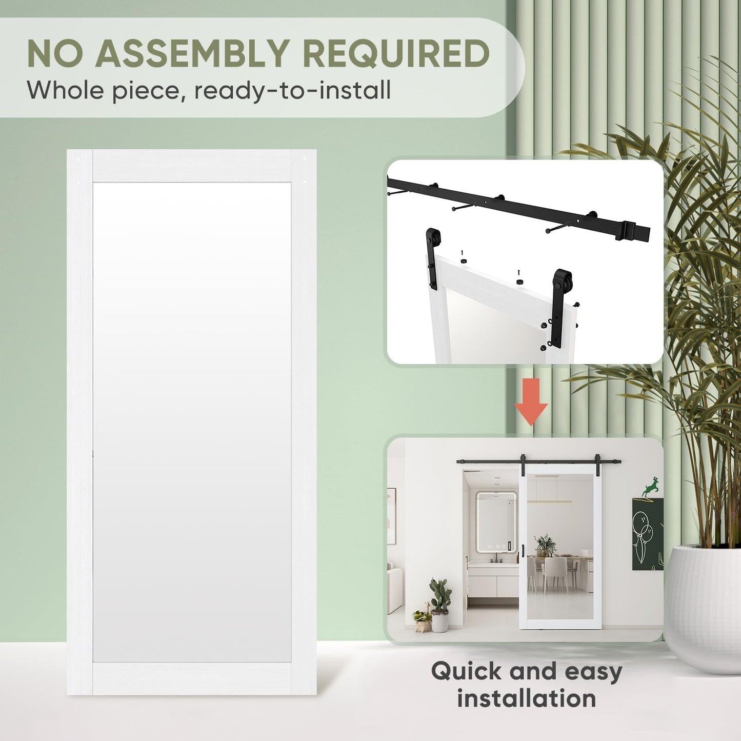 JUBEST 42x84 in Mirror Barn Door and 7FT Sliding Door Hardware Kit Included, White Full Length Mirror, Solid Wood Panel Covered with Water-Proof PVC Surface, No Assembly Required