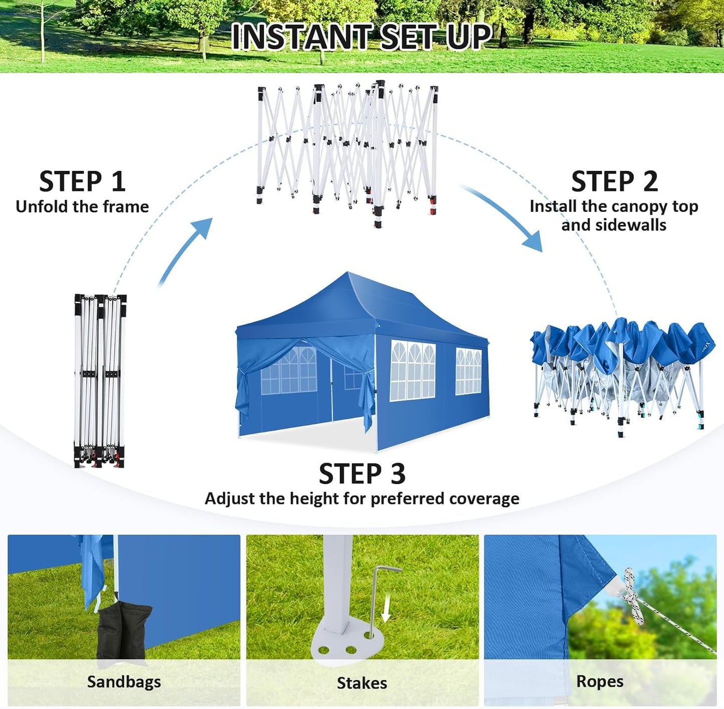 COBIZI Canopy 10x20 Pop Up Canopy Tent with 6 Sidewalls, Waterproof Commercial Canopy Ez Outdoor Instant Gazebo Easy to Set up Event Shelter, Garden Tents for Parties with Sandbags, Blue