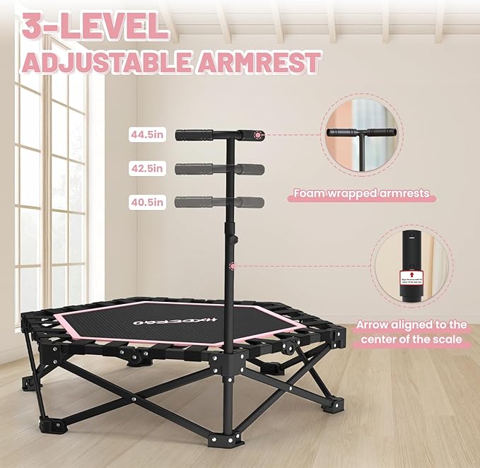 Foldable Mini Trampoline, Rebounder Trampoline with Adjustable Foam Handle, Fitness Trampoline for Indoor, Outdoor, Home Gym, Max Load 460lbs