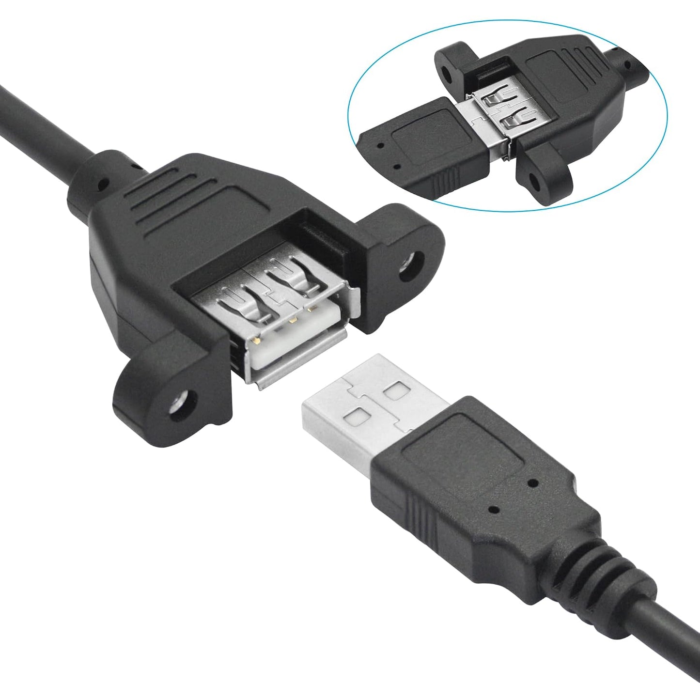 2Pcs 2.0 1FT, USB Panel Mount Extension Cable USB Type A Male to Female with Ears Can Fixed Charging and Data