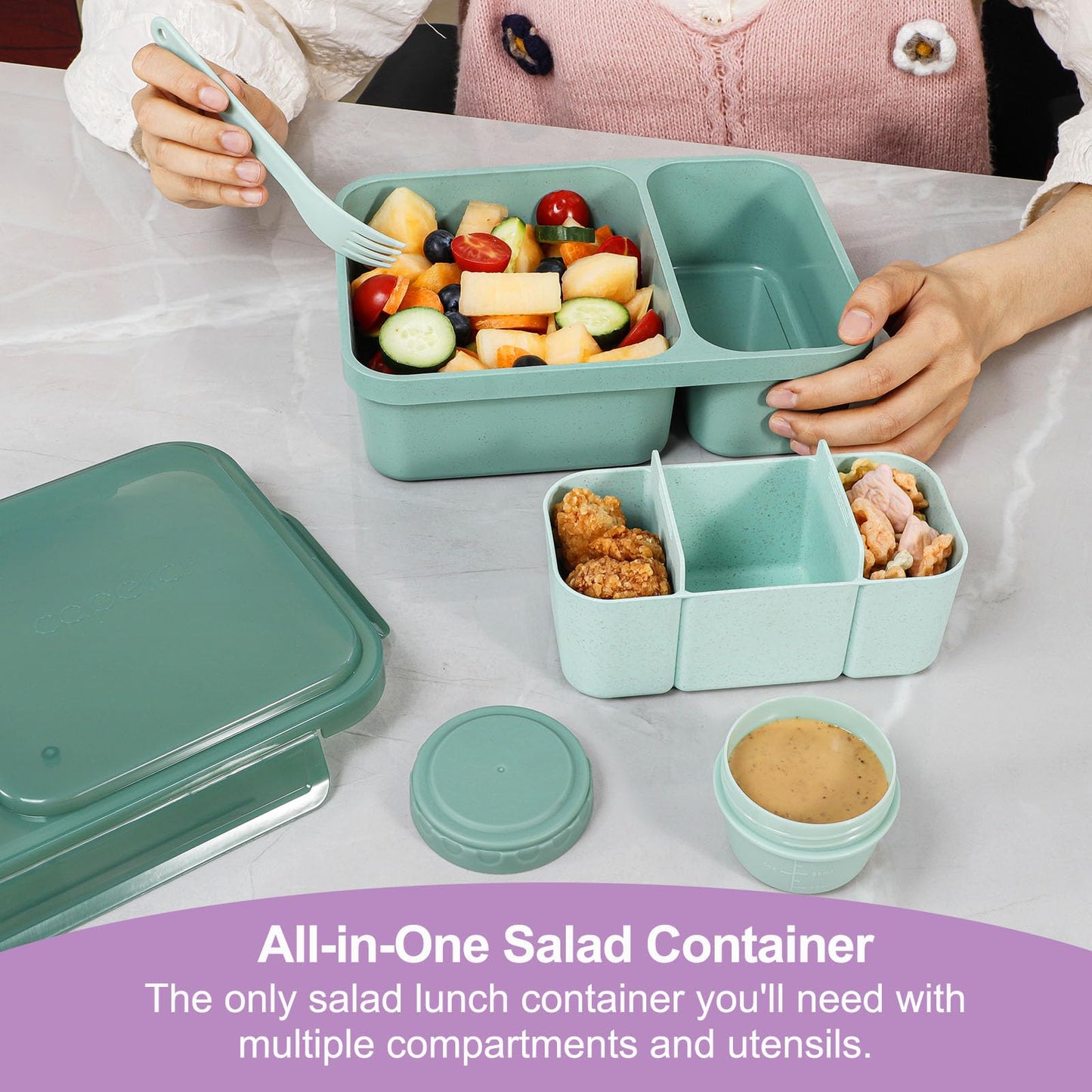 Caperci 2 Pack Salad Containers - Extra-Large 62 oz Bento Lunch Box for Adults, 2-Compartment Meal Prep Container with Removable Toppings Tray, Sauce Cup, Reusable Fork, BPA-Free (Purple & Green)