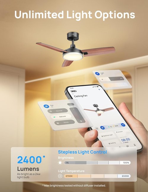 Dreo Smart Ceiling Fan - 42 Inch Black Design with 12 Speeds, Dimmable LED Light & Remote Control