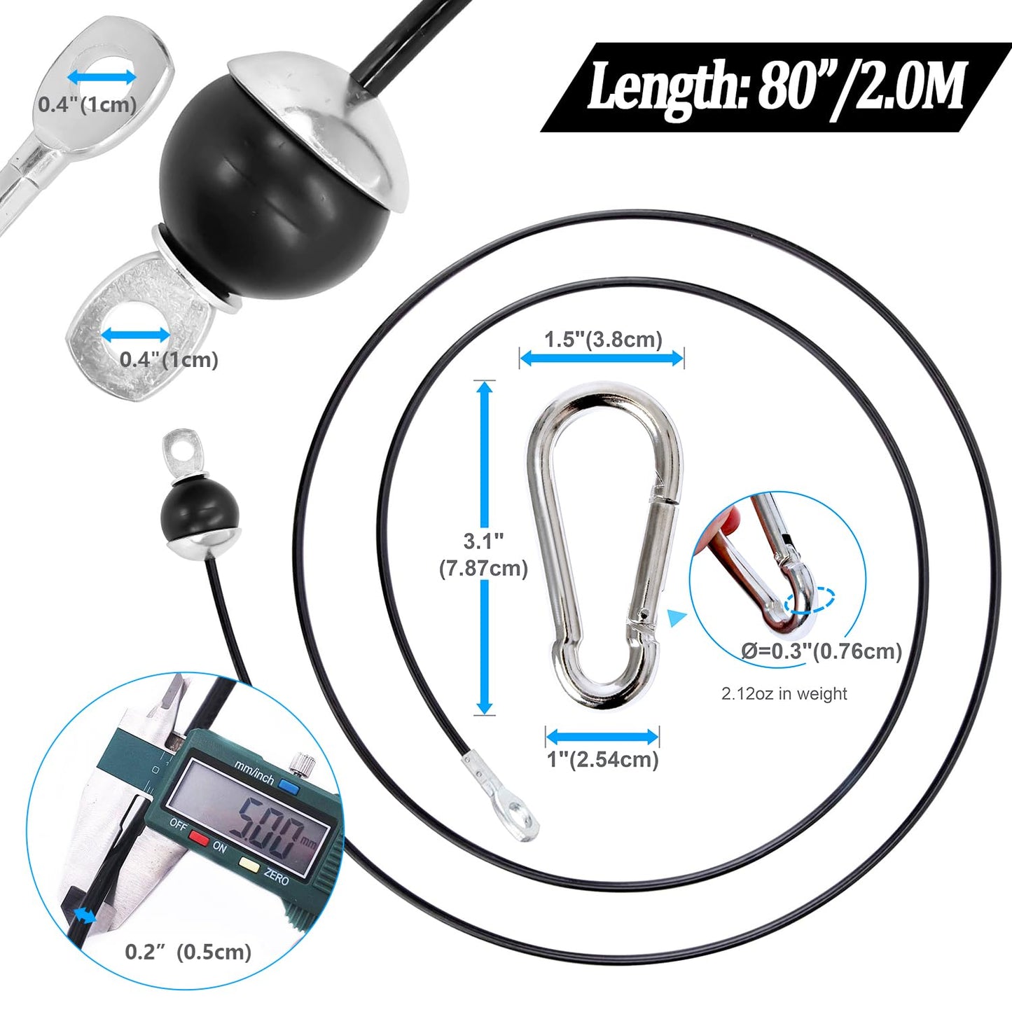 Taeku Fitness Pulley Cable, Heavy-Duty 6mm Steel Wire Rope for Home Gym, Adjustable Replacement Cable for Weightlifting, LAT Pulldown, and Cable Machine Accessories (78in)