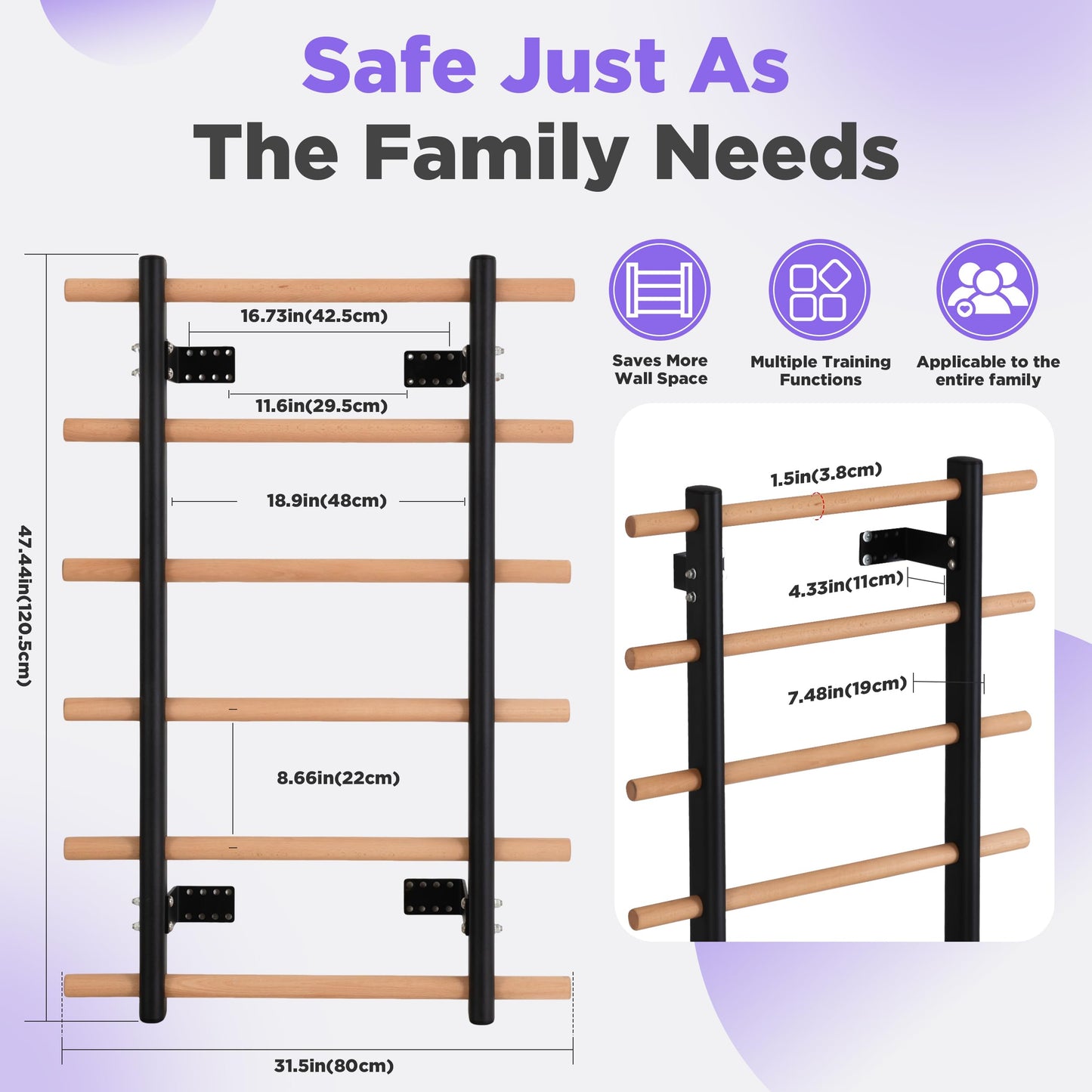 Multi-Function Half Height Swedish Wall Ladder Stall Bar – Sturdy Solid Wood & Steel Frame for Home Gym, Wall Mounted Pull Up & Climbing Bar for Full Family Strength, Stretch & Fitness Training