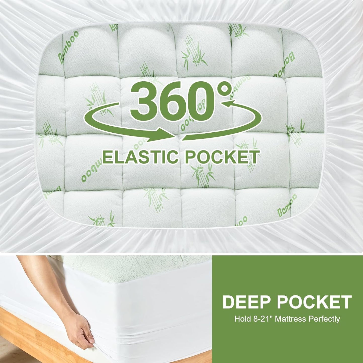 Skiennix Queen Size Mattress Topper - Soft Bamboo Viscose Pillow Top for Back Pain Relief | Cooling Protector, 8-21 Inch Deep Pocket, White