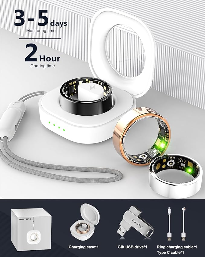 Smart Ring Health Tracker for Women Men-IP68 Waterproof Fitness Ring with Sleep Tracker/Heart Rate/Blood Pressure/Blood Oxygen/Step Counting/Calories for iOS and Android,No Subscription Fee