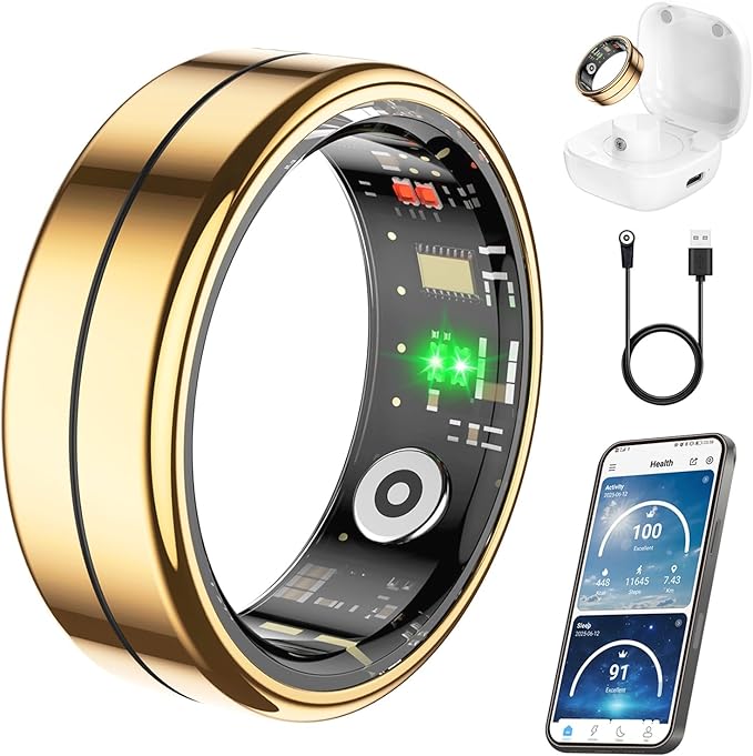 Fit Ring, Smart Health Rings for Women Men with Heart Rate,Blood Oxygen,HRV,Stress Level, Sleep Monitor, Step Tracker, No Subscription Fee, IP68 Waterproof Smart Ring for iphone &Android (Gold, 12#)
