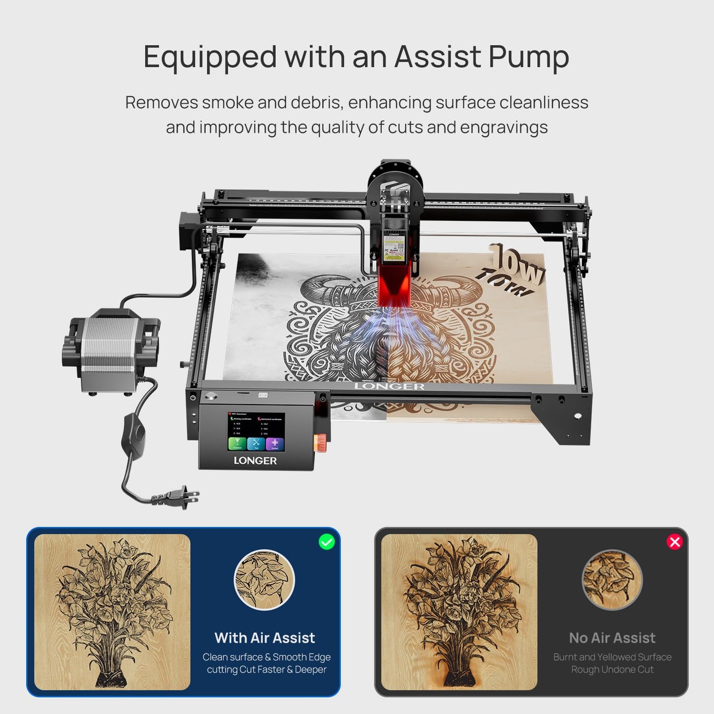Longer RAY5 10000mW Laser Engraver, Wood/Leather/Acrylic Engraving Cutting Machine, DIY Desktop Laser Cutter with Safety Protection, Air Assist & 3 in 1 Roller