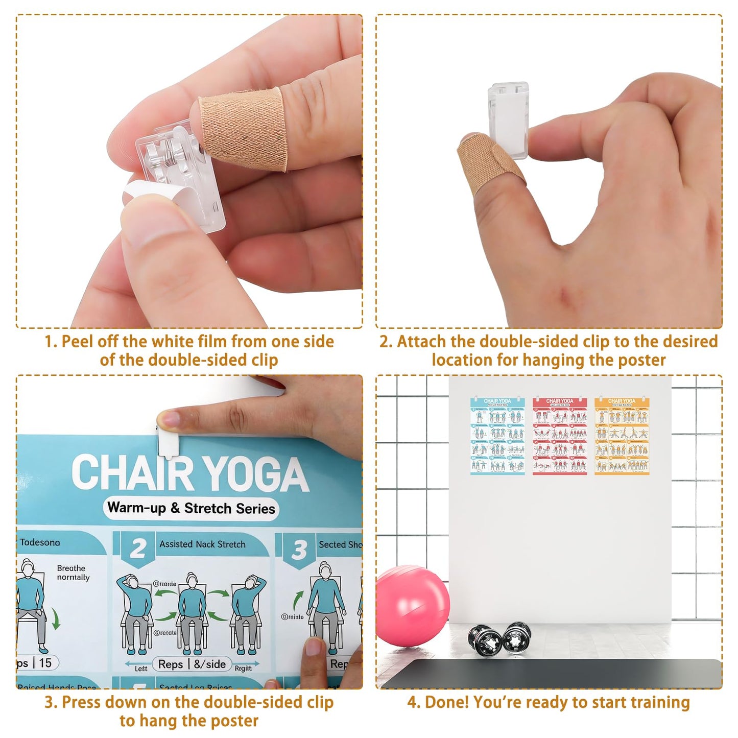 Chair Yoga Poster Set for Seniors & Beginners-3 Illustrated Guides,1 28-Day Challenges, 8 Double-Sided Clips &1 Dry-Erase Marker, 36 Poses Wall Chart Includes Postures, Instructions & Breathing Tips