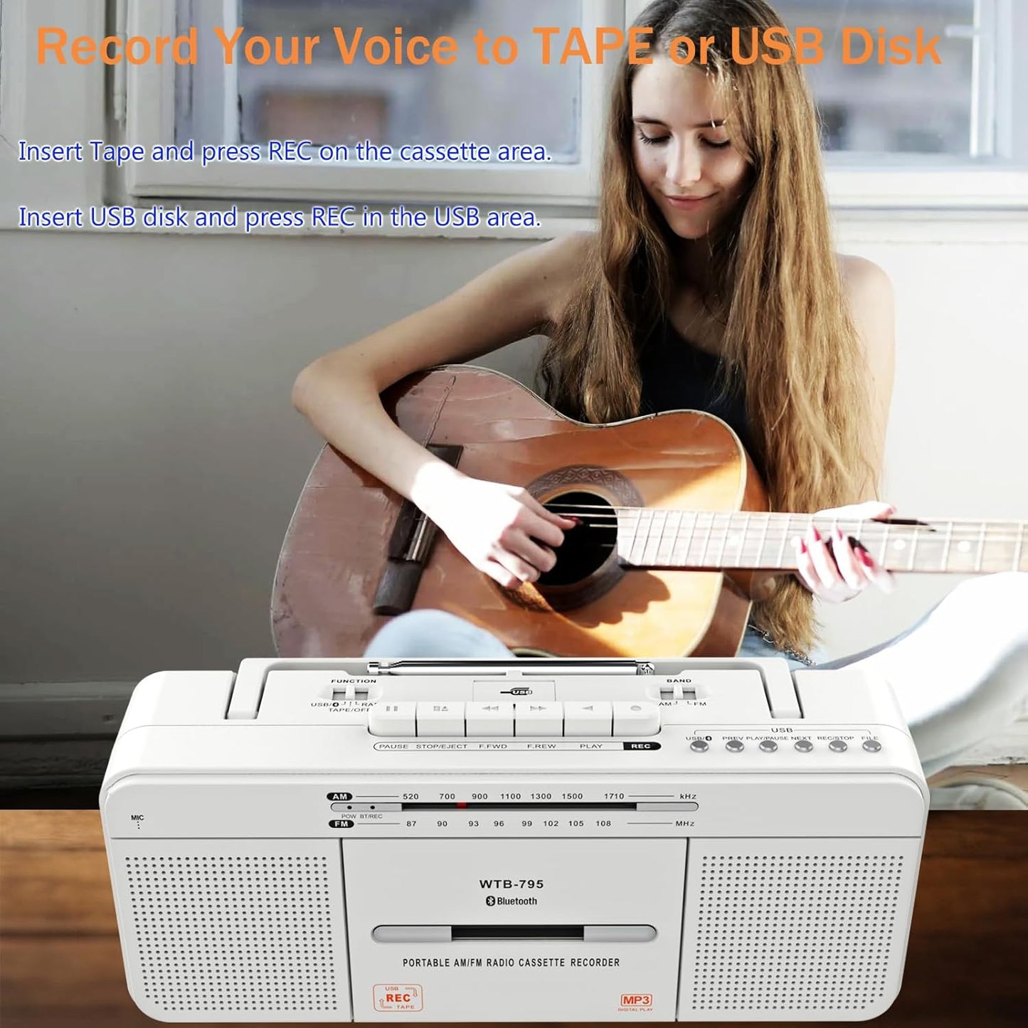 WISCENT Cassette Cassettes/USB Mic,Cassette MP3 Player Boombox, Portable AM/FM Radio Stereo with Bluetooth, USB, Dual