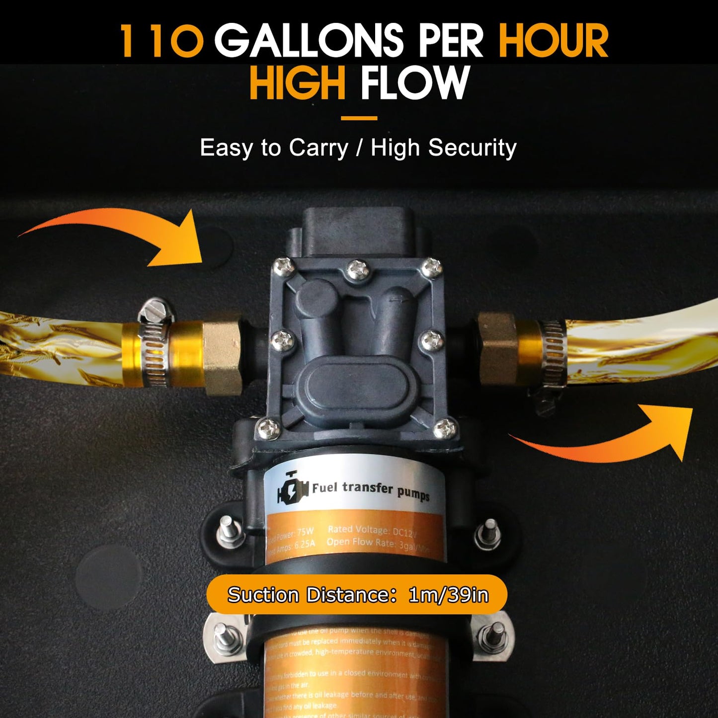 Steauty 12V 75W Fuel Transfer Pump Set, gasoline transfer pump Moves Up to 110 Gallons Of Gas or Diesel Per Hour, with Patented Pulley Lead Pipe,for Vehicles, Boats, Equipment, UTV (110GPH, PRO SET)