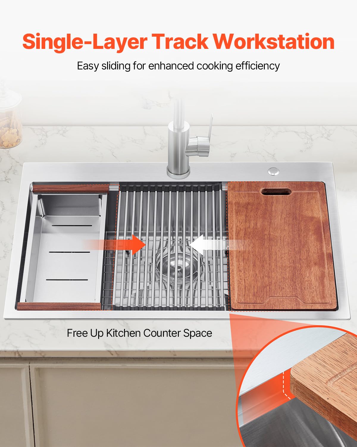 VEVOR Drop In Kitchen Sink 30 Inch Kitchen Sink Workstation, 304 Stainless Steel Top Mount Sinks, Drop-In Single Bowl with Ledge & Multiple Accessories Sink for RV, Prep Kitchen, Bar 30 x 22 x 9inch