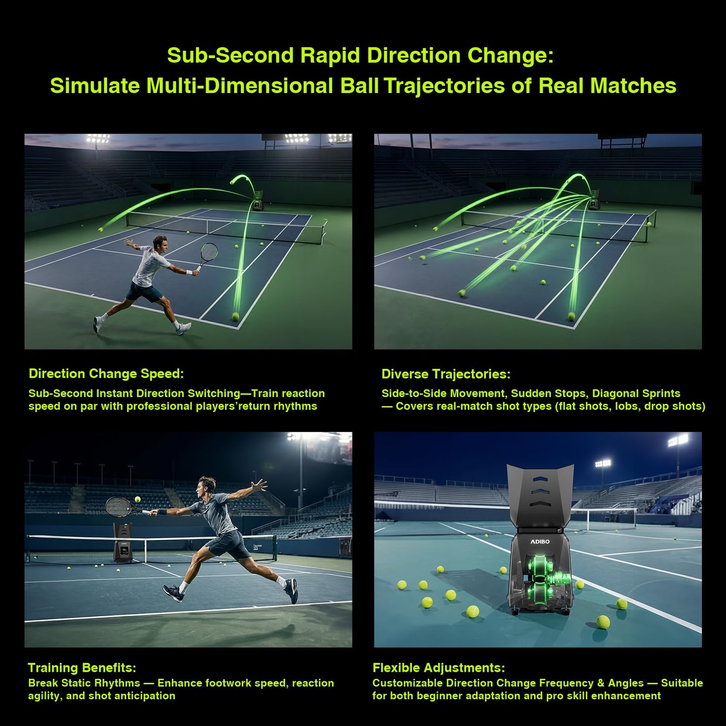 ADIBO Tennis Ball Machine, Internal Oscillation, Authentic Programming, Dual Motors with Topspin & Backspin, 160+ Balls, 6-Hour Non-Stop Runtime, Stable Voltage Contro (T500 PRO)