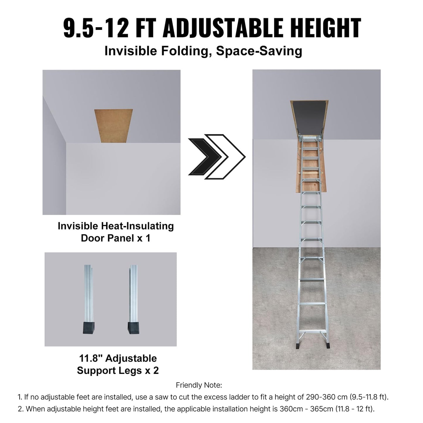 VEVOR Attic Ladder Foldable, 350-pound Capacity, 22.5" x 63", Multi-Purpose Aluminium Extension, Lightweight and Portable, Fits 9.5'-12' Ceiling Heights, Convenient Access to Your Attic Standard
