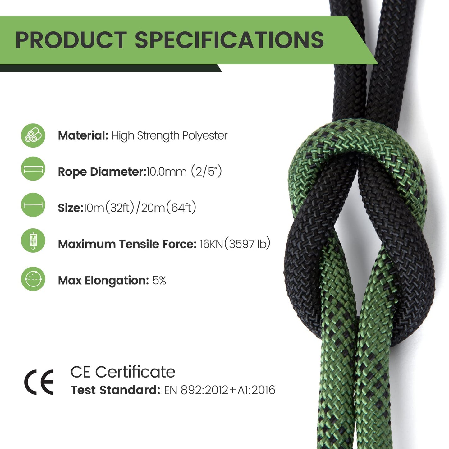Static Climbing Rope 10M(32ft) 20M(65ft), 10mm Outdoor Rock Climbing Safety Rope Arborist Tree Climbing Rope, Escape Rappelling Tree Pulling Swing Sailing Fire Rescue Parachute Rope, Army Green