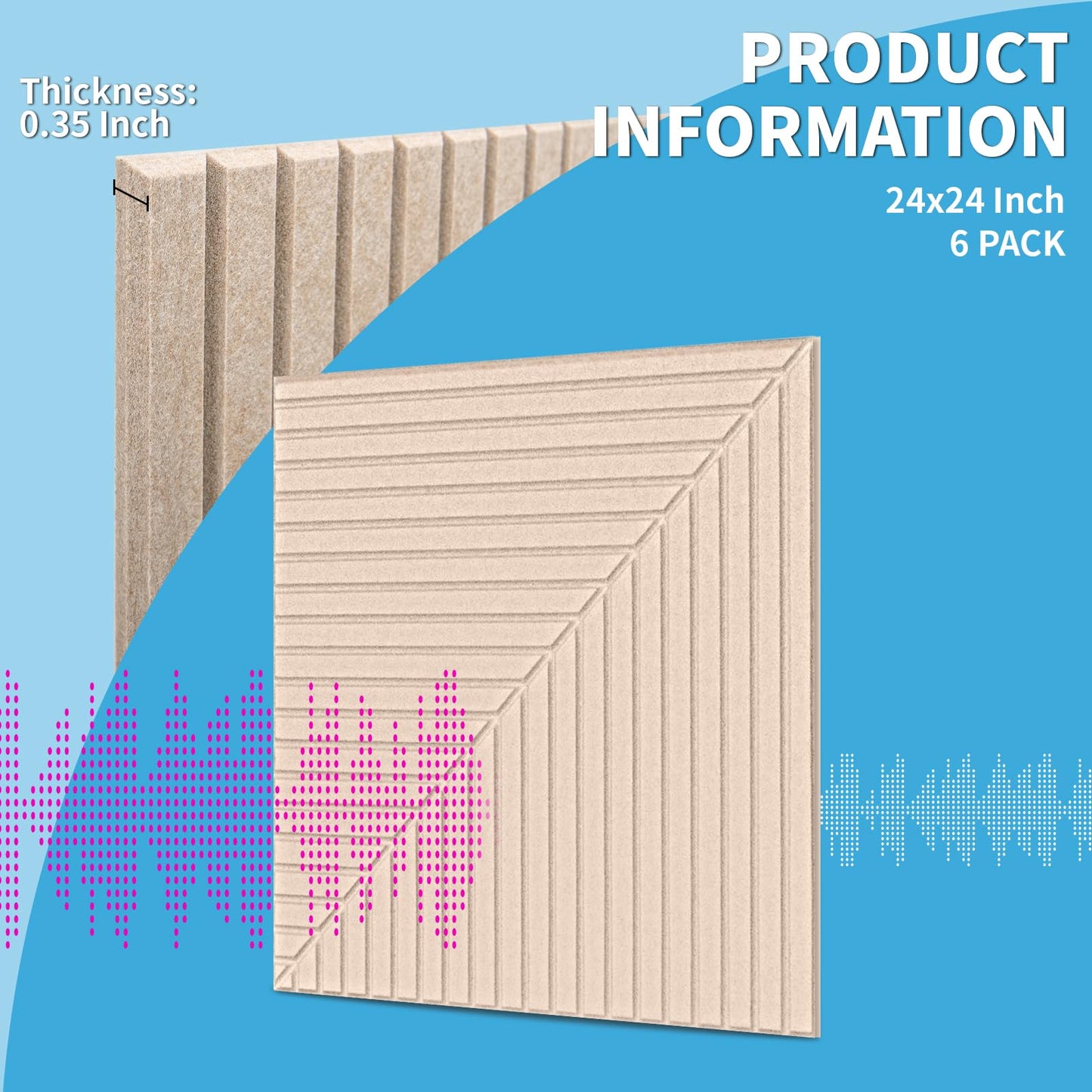 Art3d 6-Pack Self-Adhesive Acoustic Wall Panels for Home Décor, 24 x 24 Inch Soundproofing Panels for Office Studio Bedroom - High Noise Absorption Polyester Fiber, Camel