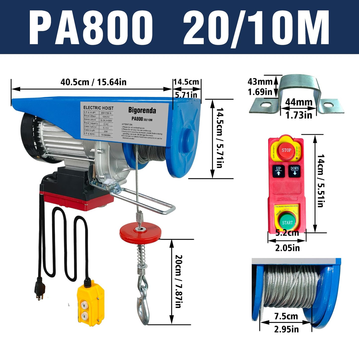 Bigorenda 1760lb Electric Hoist with Remote Control/Wired Control, Electric Hoist 2 in 1, 110v Electric Hoist with Single/Double Slings,65.6/33ft Lifting Height, for Factory Attic Garage Warehouse