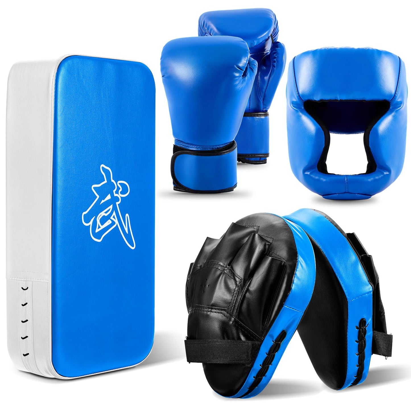 Foilswirl 5-in-1 Kids Boxing Pads Gloves Kick Punching Mitts Set with 1 Pair of Gloves, 2 Pcs Pads Taekwondo Kick Pad and Head Guard for Youth Beginner Training Kickboxing Karate Thai(Blue,8 oz)