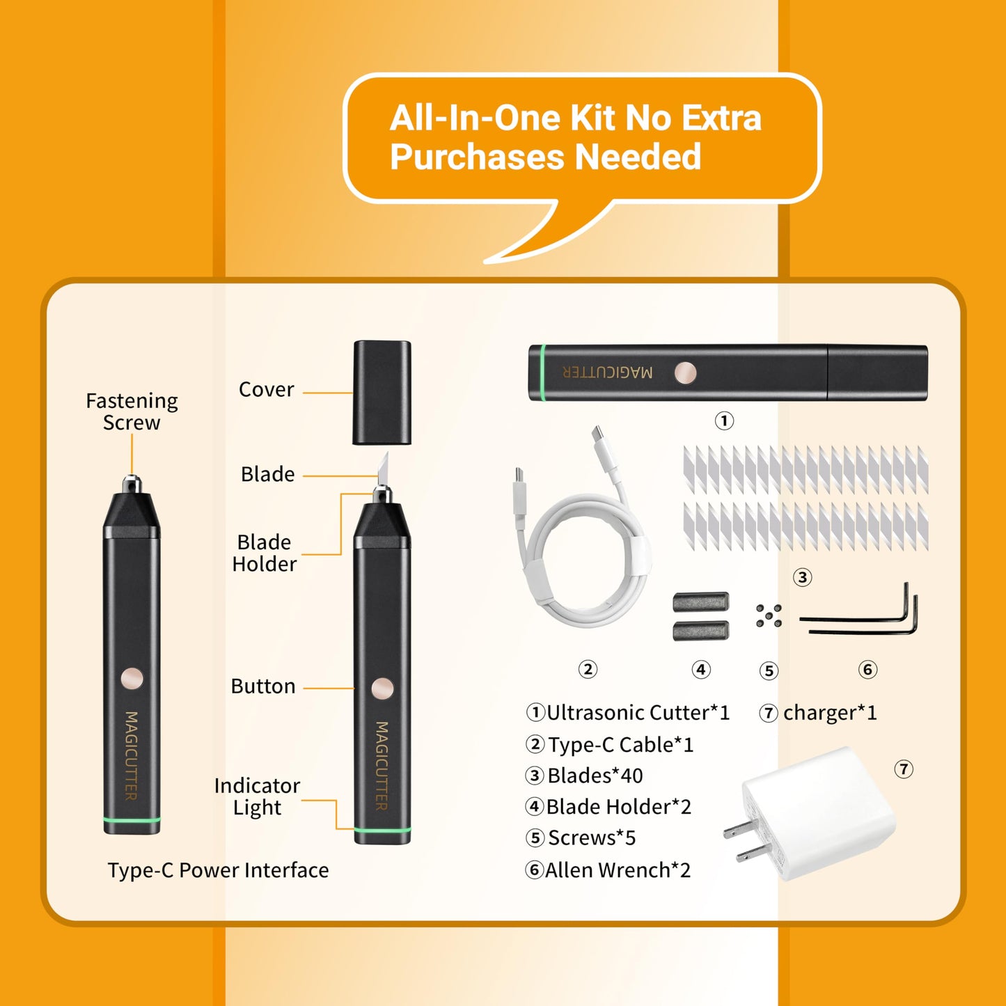 30W Ultrasonic Cutter, 40,000 Vibrations/Sec Electric Cutting Knife with Dual Modes, 40PCS Replaceable Titanium Blades, USB-C PD Powered Cutting Tool for Foam, Plastic, DIY Craft Cutter