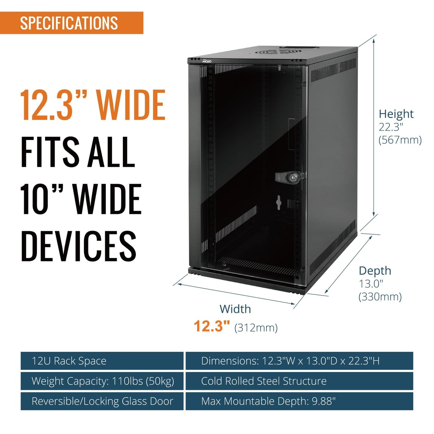 Tecmojo 12U 10 inch Rack, Wall Mount Network Cabinet Set,12.3W x 13D x 22.3H- Load Capacity 110Lbs(50 kg),Black 10" Wall Housing Server Rack Set