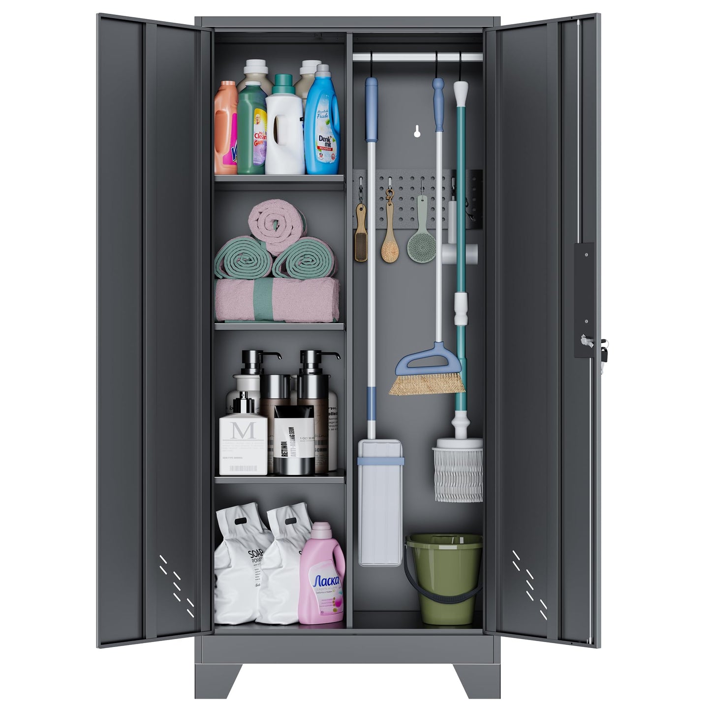 OSEILLC Metal Storage Cabinet with Locking Doors, 61" Tall Garage with Hanging Rod, Broom Closet, Freestanding Bathroom Storage Cabinet, Cleaning Tool,Utility Cabinets for Storage Locker,Black
