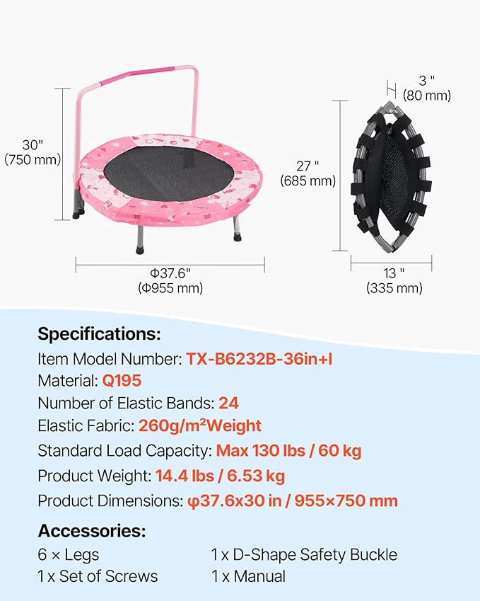 VEVOR 3FT Trampoline 36" Indoor/Outdoor for Toddlers, Foldable Mini Baby With Foam Handle, Recreational Birthday Gift