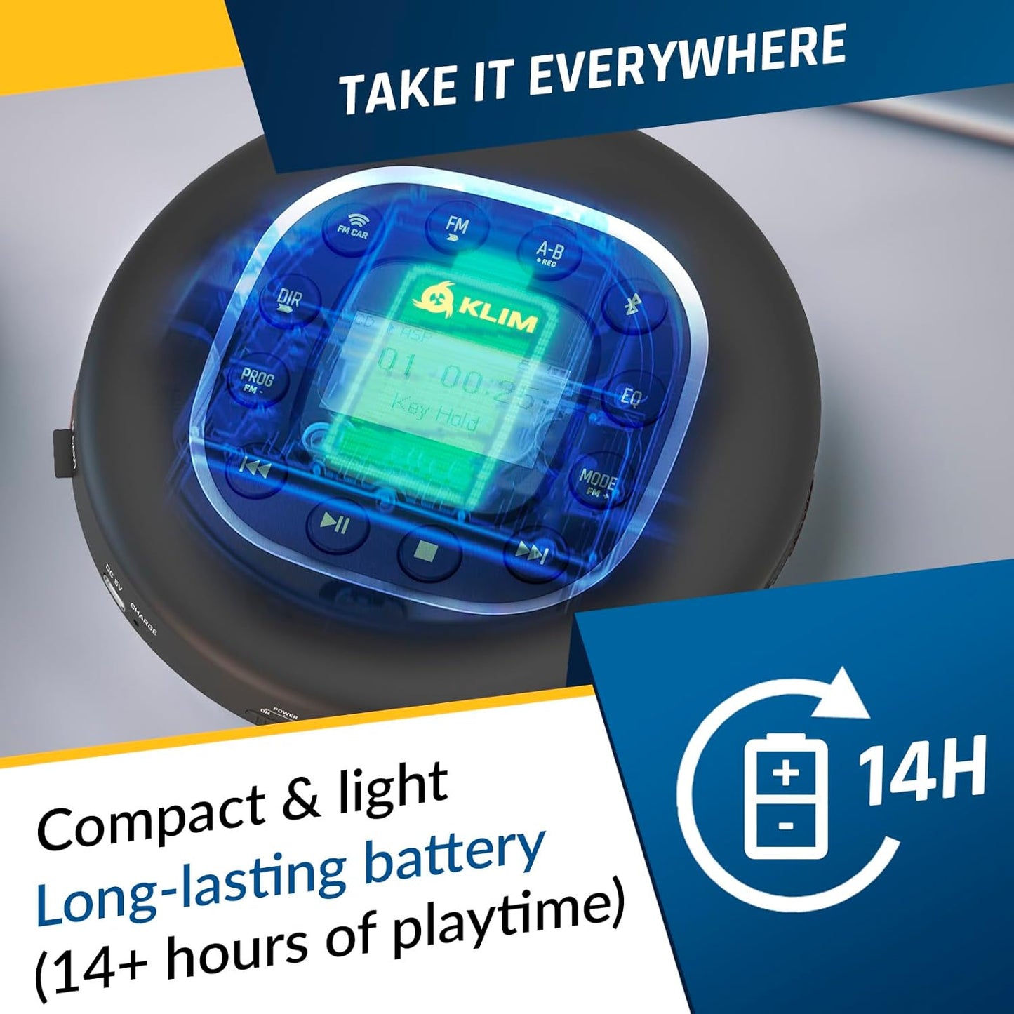 KLIM MP3 Journey - Portable CD Player Walkman with Long-Lasting Battery - New - with Headphones - Radio FM - Compatible