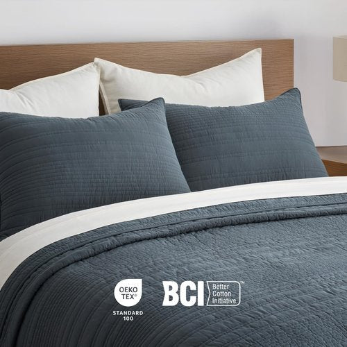 EVERGRACEHOME 100% Cotton Modern Lines Quilt Set King Size, Pre-Washed Soft Striped Coverlet Bedspread, 3 Piece Lightweight Bedding Set for All Season, with 2 Pillow Shams, Midnight Blue