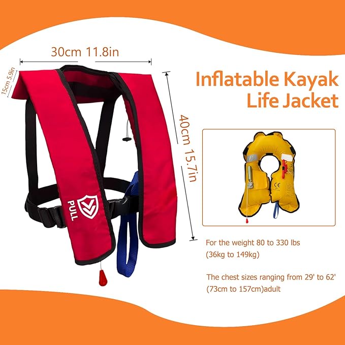 Automatic/Manual Inflatable Life Jacket| Inflatable PFD Kayak Vest Adult| Life Vest for Adults| Outdoor Water Sports| Supports up to 330 lbs|33g of Carbon Dioxide Cylinder