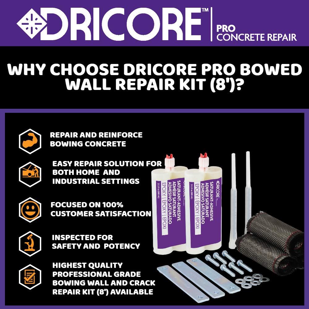 DRICORE PRO Concrete Repair Foundation Wall Repair Kit, 8' | Best Eight Foot All in One Epoxy and Carbon Fiber Pack for Reinforcing Bowing Foundations, Walls, Basements, Cement, Crawlspace, and More