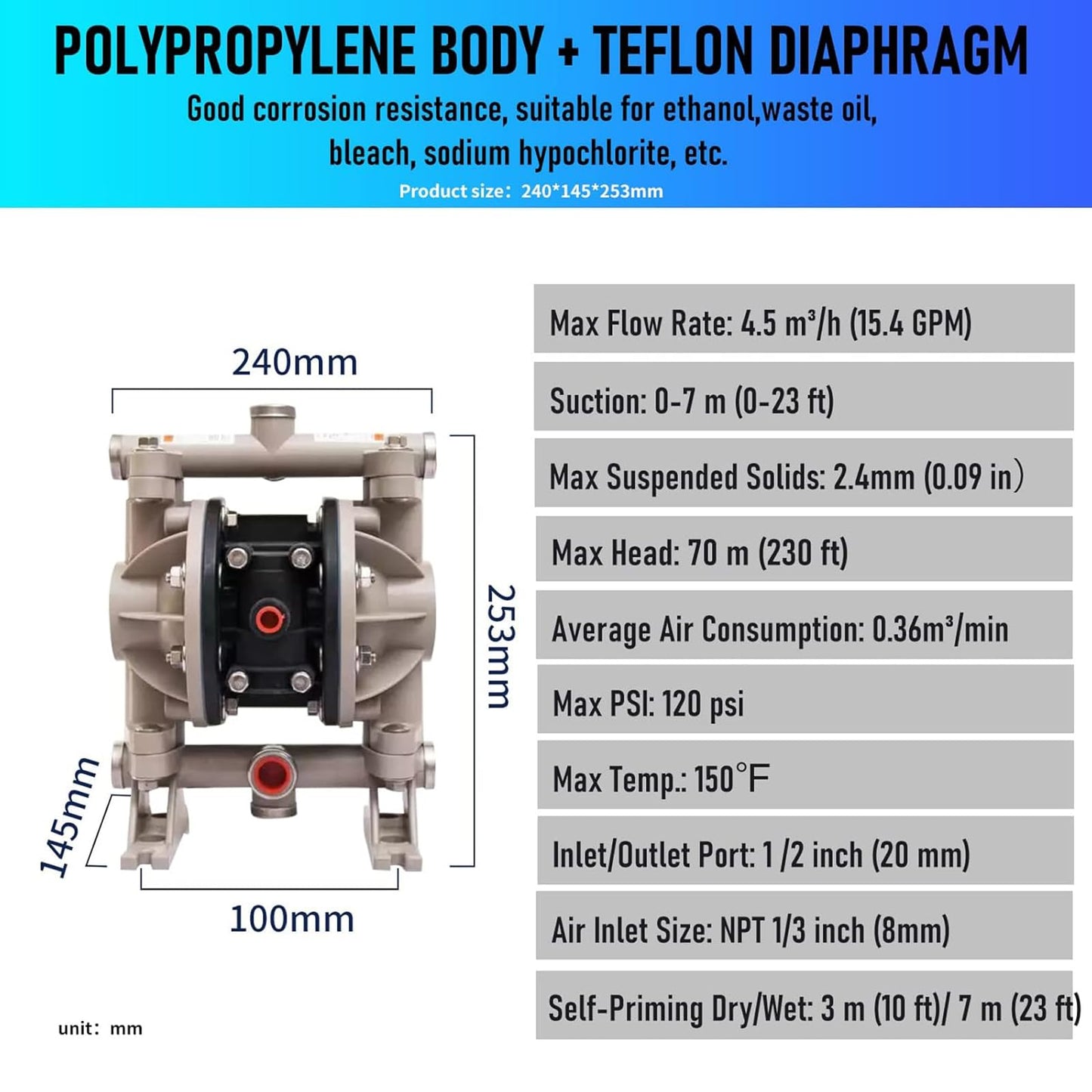 Air Operated Double Diaphragm Pump 1/2 inch Inlet/Outlet Pneumatic Waste Oil Transfer Pump for Chemical DN15 15GPM Dual Diaphram Teflon byPolypropylene115 PSI