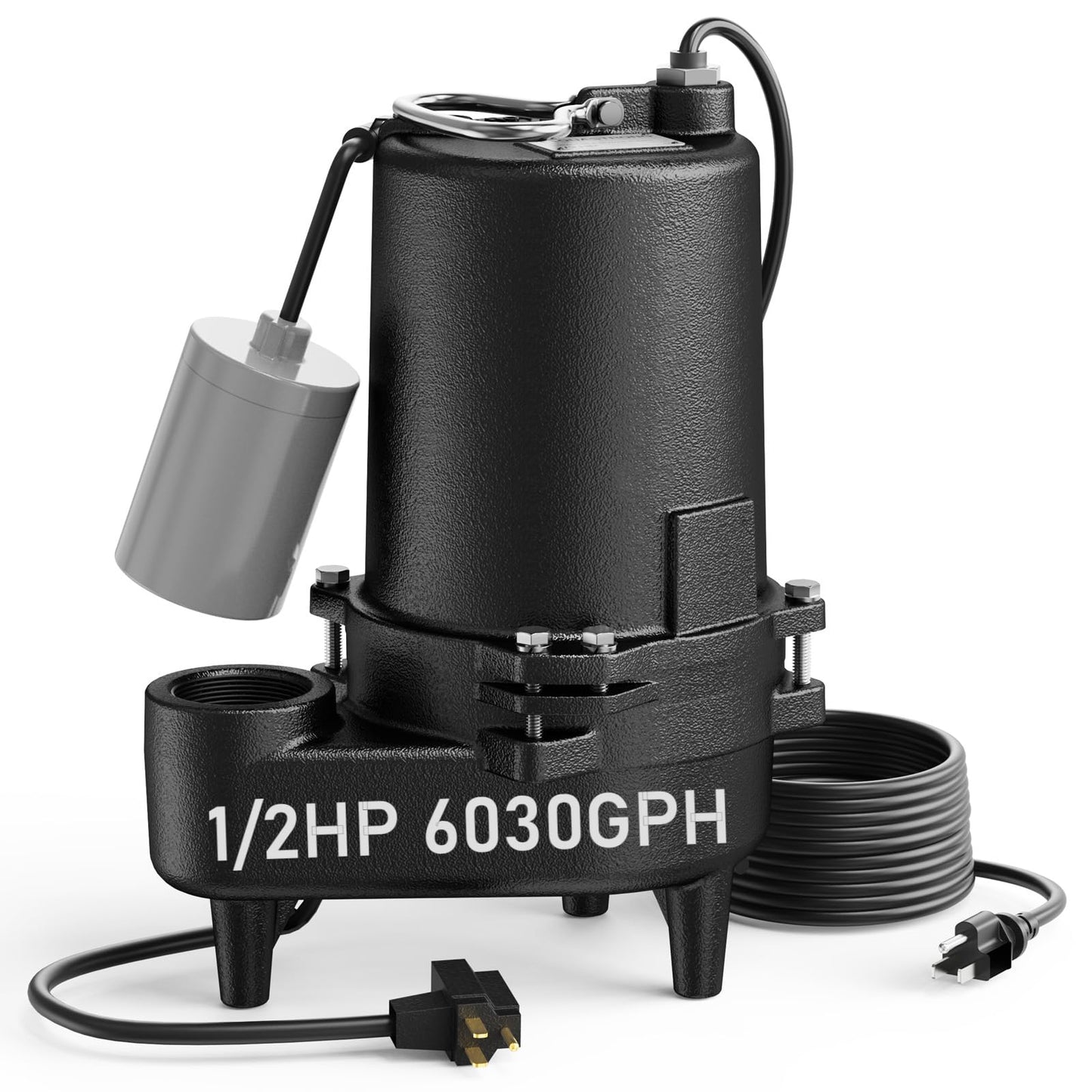 Aquastrong Cast Iron Sewage Pump 1/2HP Effluent Pump 115V 6030 GPH Sump Pump with Auto Float Switch, Ideal for Basement Sump Pits, Industrial Wastewater - Commercial-Grade Sewage System