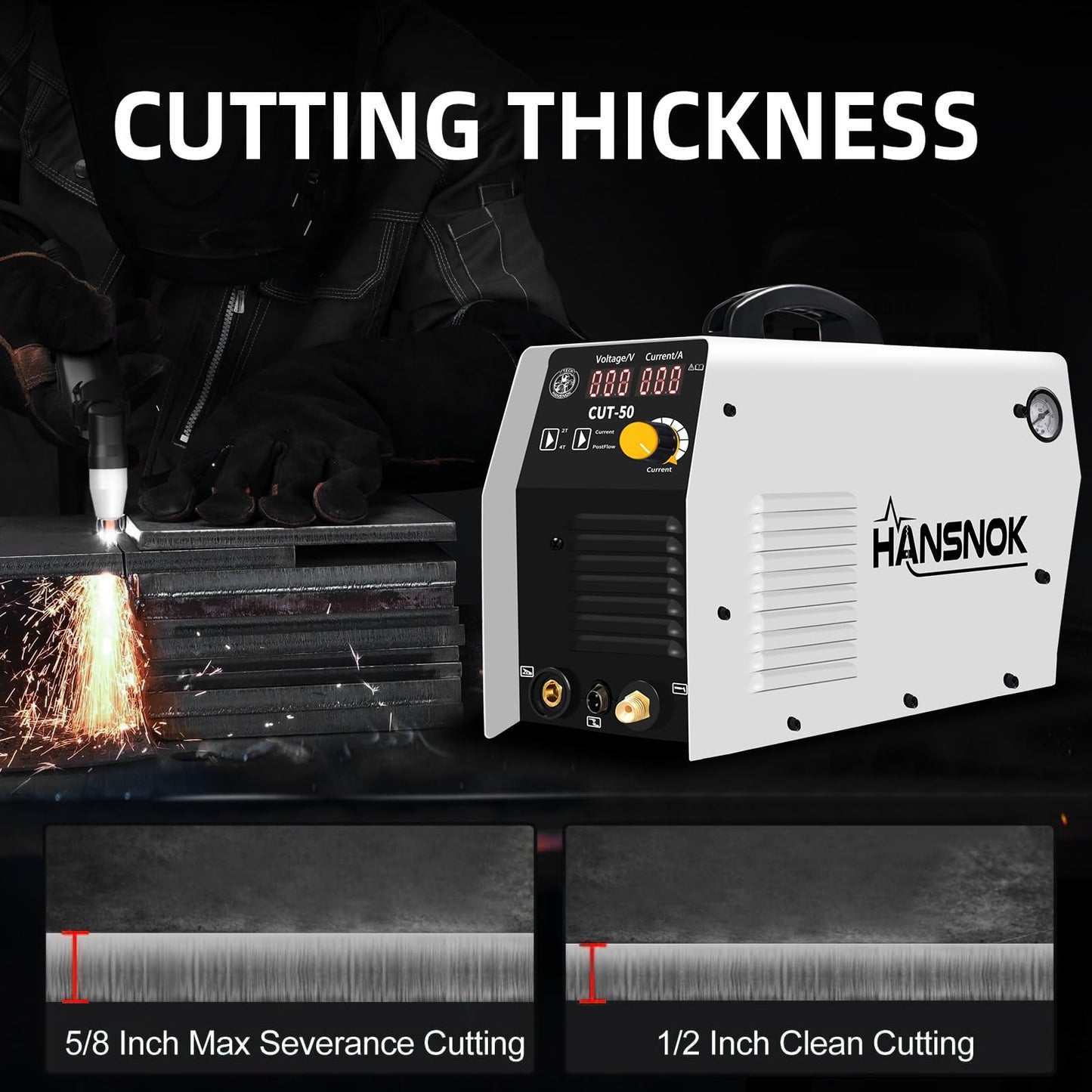 HANSNOK Plasma Cutter,50Amps Cutter Machine with 110/220V Dual Voltage IGBT Inverter,Large Digital Display,Air Sensor,1/2 Inch Clean Cut 5/8 Inch Max Cut Post Flow and 2T/4T,Portable Metal Cutting